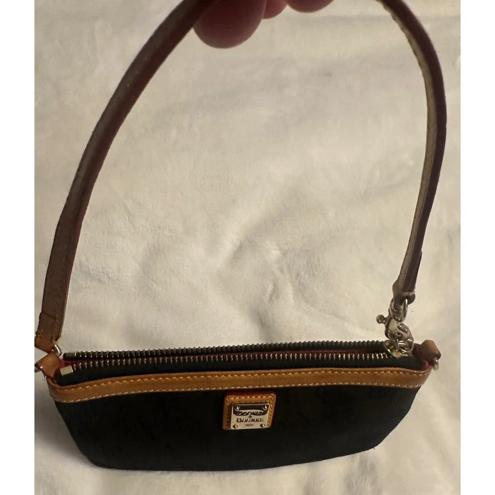 Dooney & Bourke Black Monogram Canvas Wristlet Pouch Tan Leather Trim Red Lining